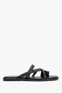 Women's Black Genuine Leather Flat Slide Sandals with Toe Loop Estro ER00119391.