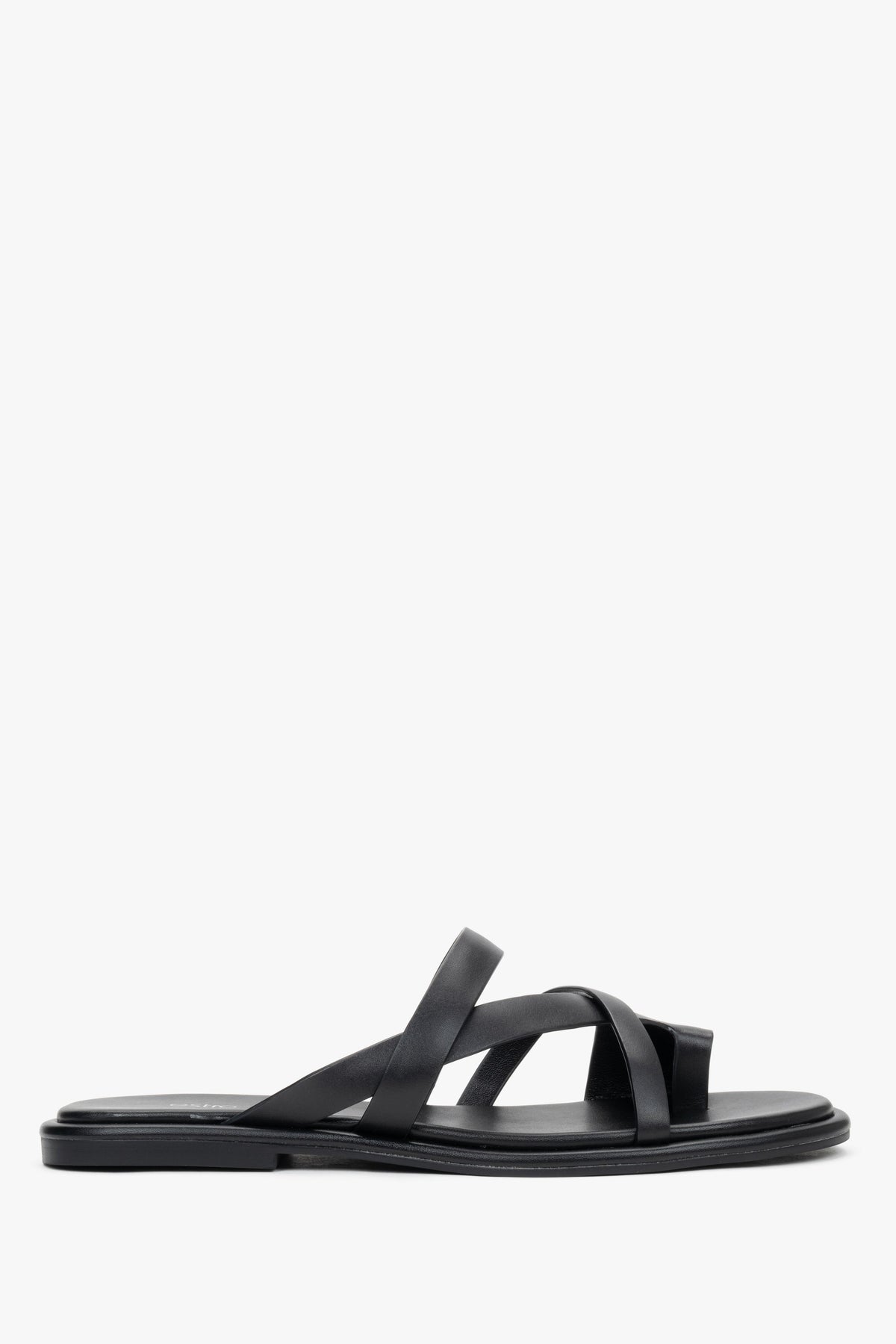 Women's Black Genuine Leather Flat Slide Sandals with Toe Loop Estro ER00119391.