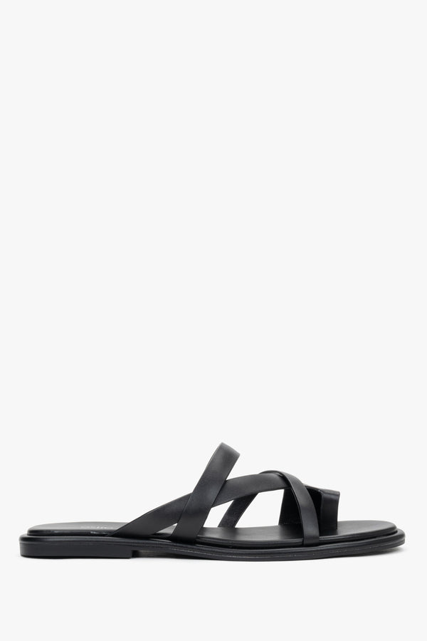 Women's Black Genuine Leather Flat Slide Sandals with Toe Loop Estro ER00119391.