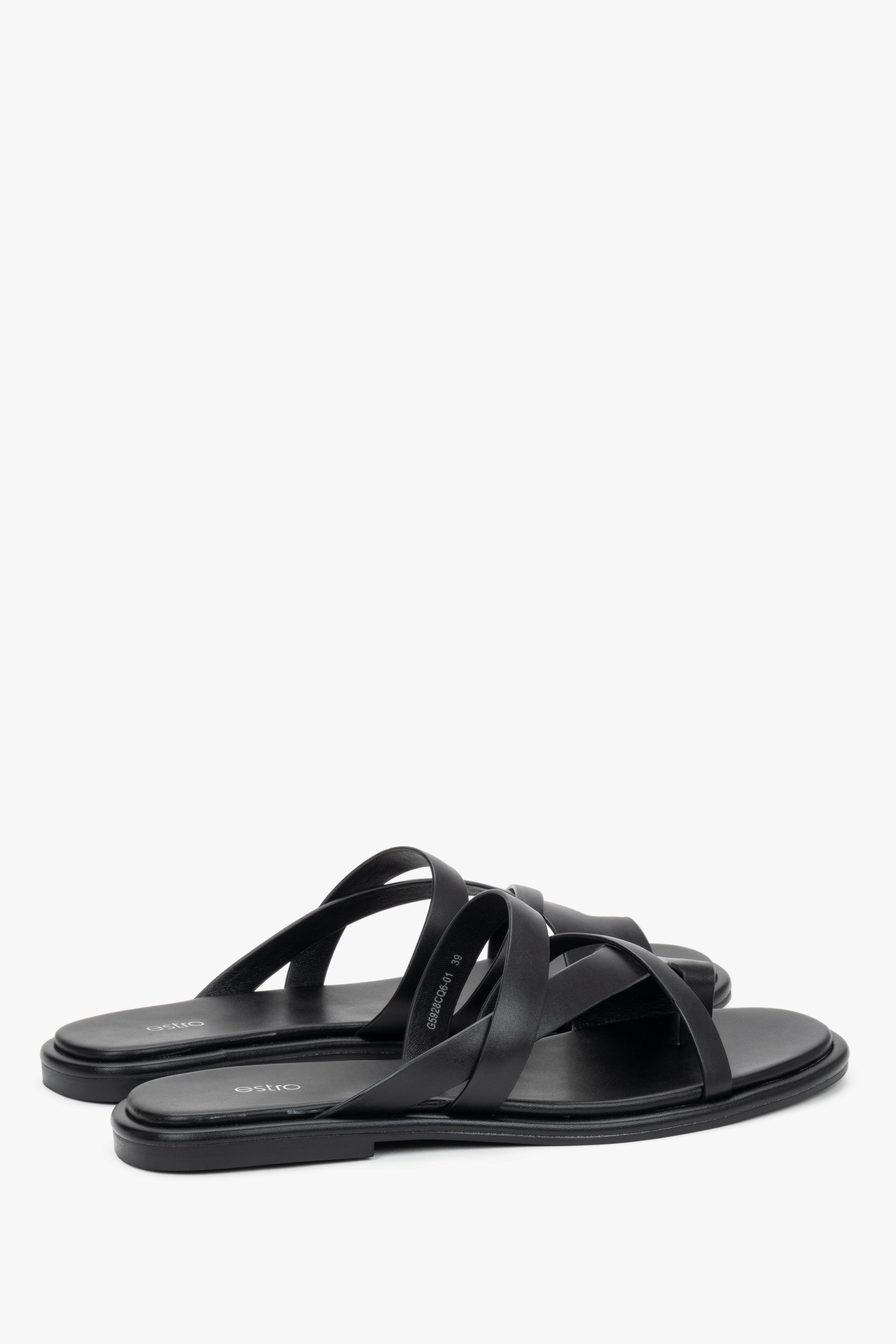 Estro black summer slides featuring a premium chevro leather insole.