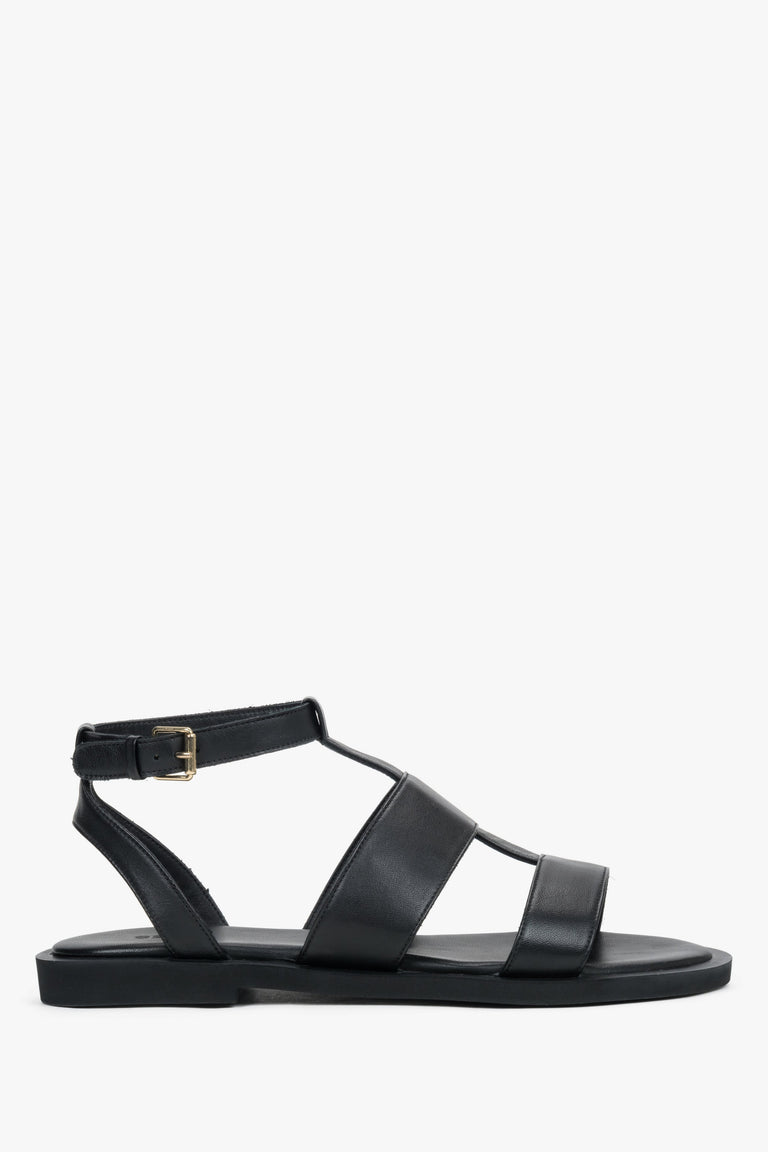 Women's Black Leather Flat Sandals with Wide Straps Estro ER00119684.