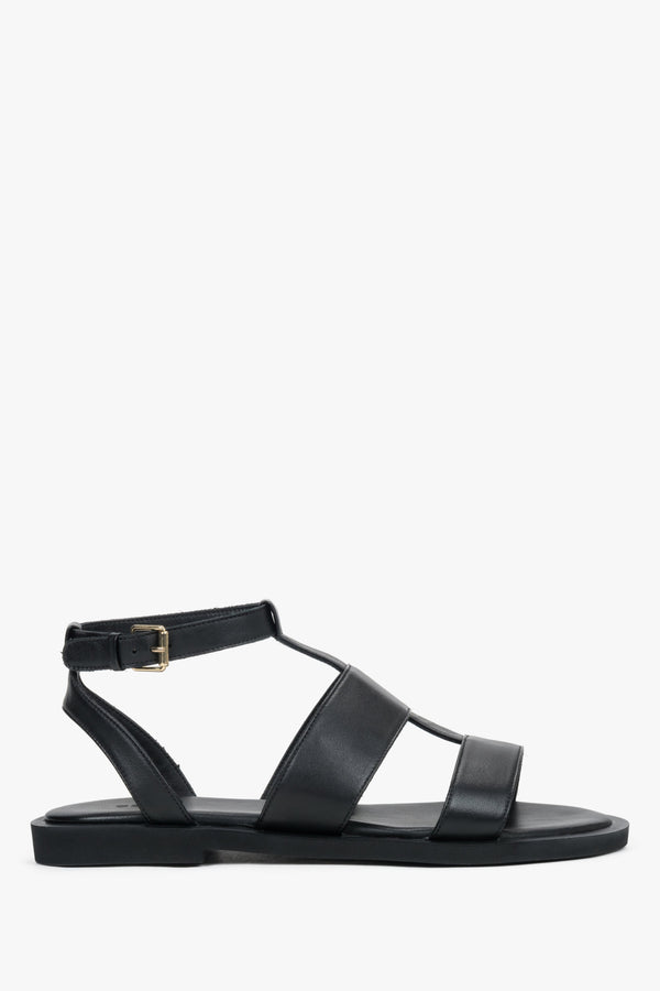 Women's Black Leather Flat Sandals with Wide Straps Estro ER00119684.
