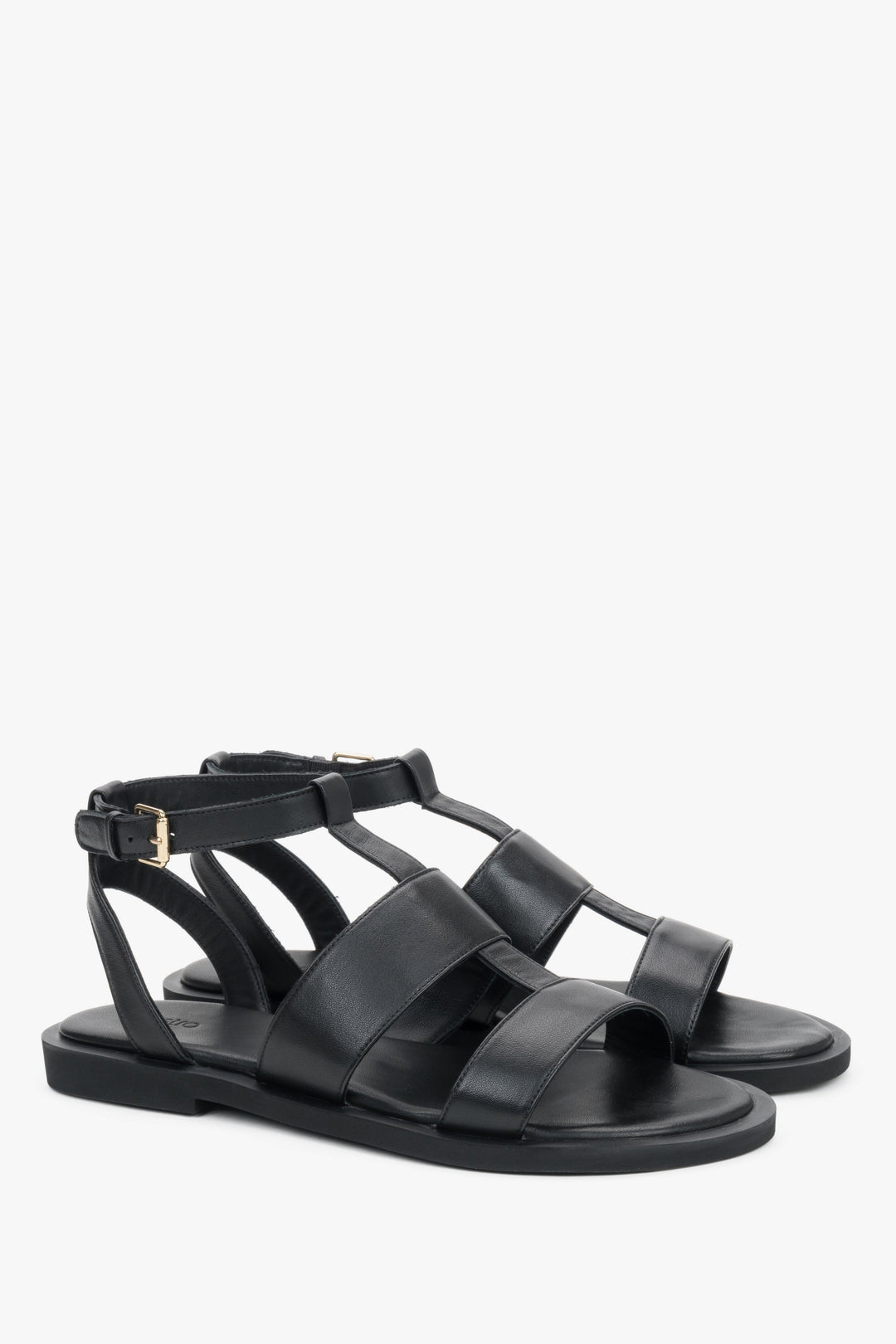 Women's black natural leather sandals with wide straps and a lightweight sole, Estro.