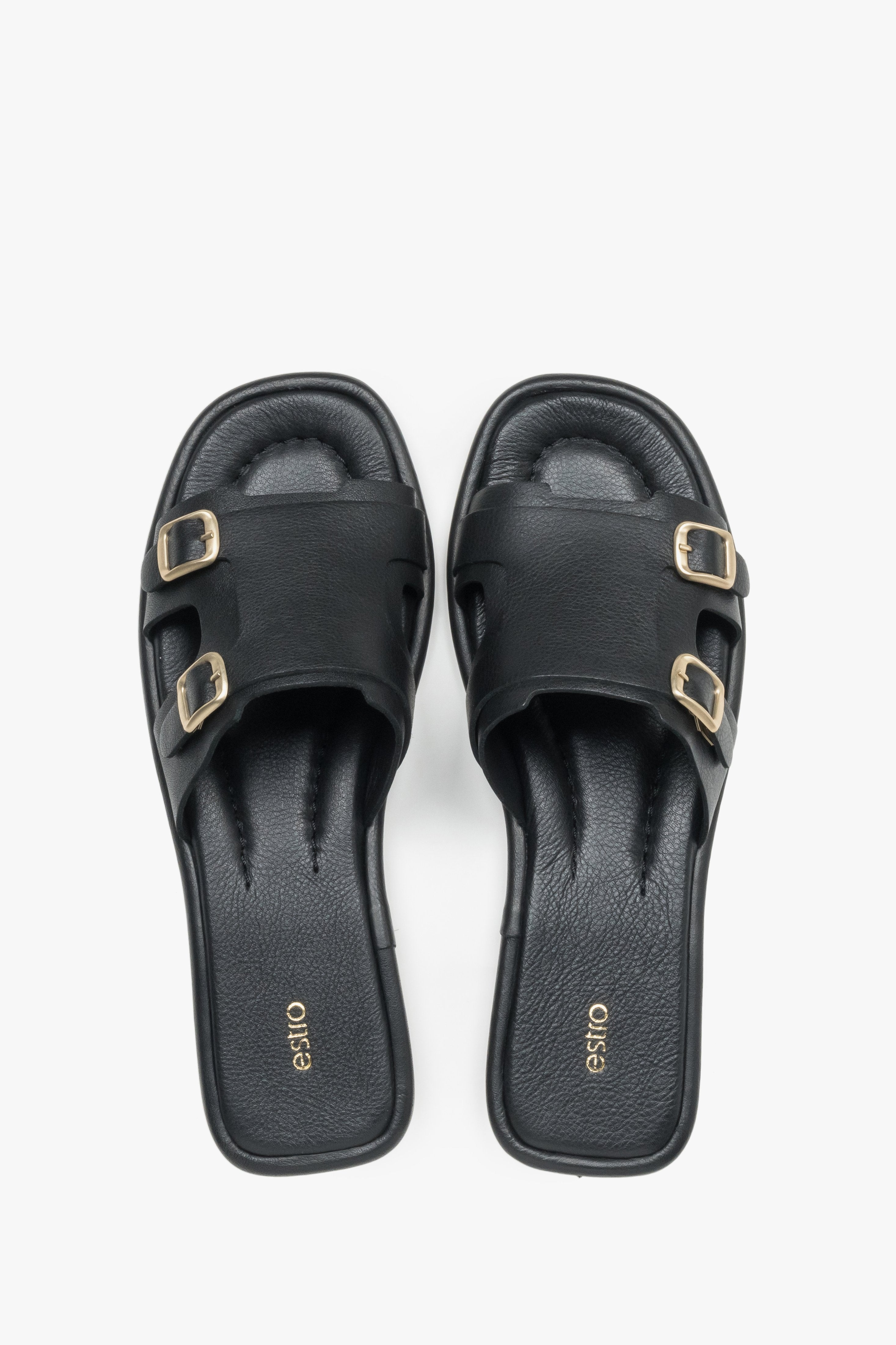 Women’s Black Leather Flat Slide Sandals with Gold Buckles Estro ER00119556.