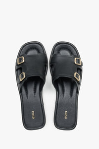 Women’s Black Leather Flat Slide Sandals with Gold Buckles Estro ER00119556.