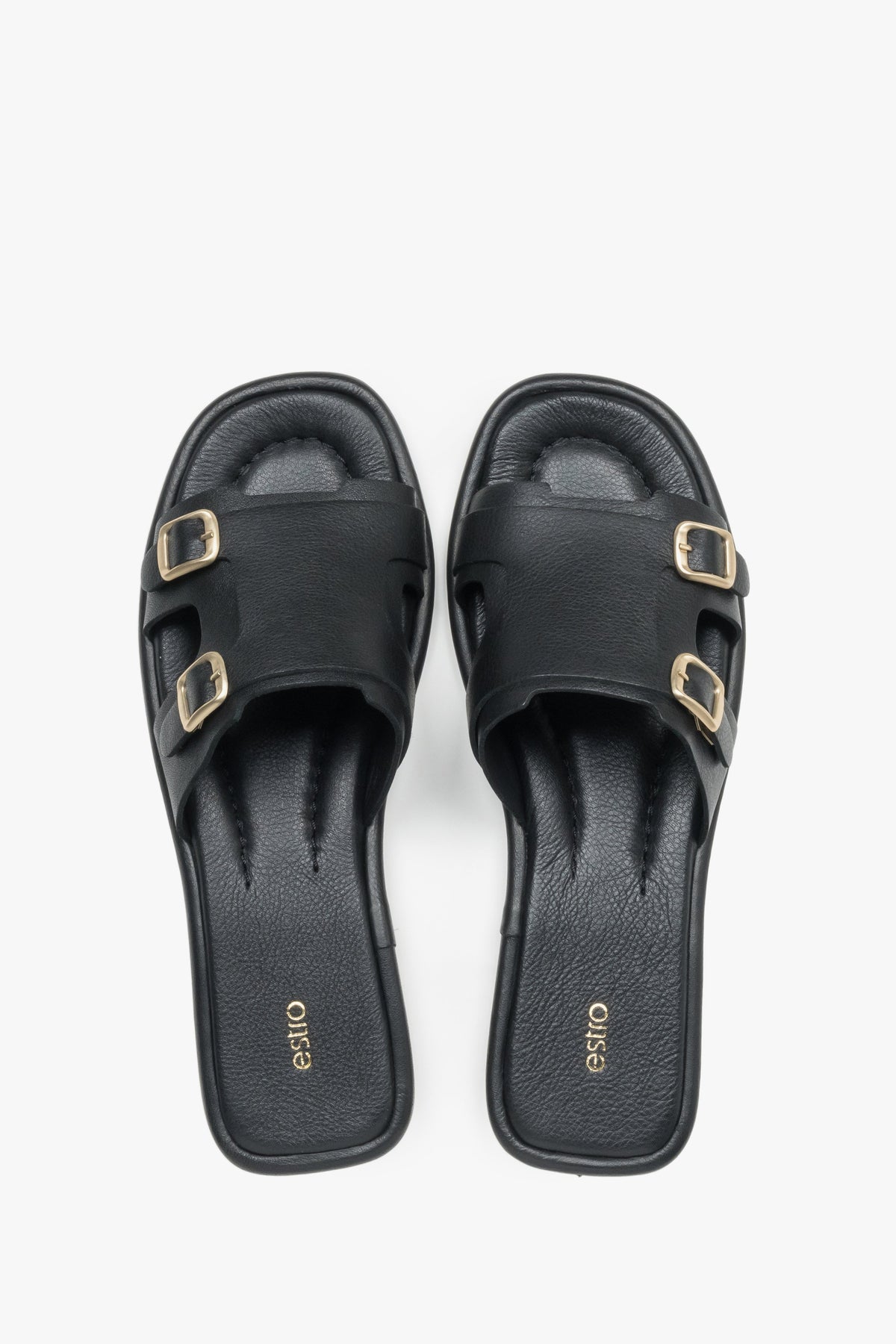 Women’s Black Leather Flat Slide Sandals with Gold Buckles Estro ER00119556.
