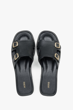 Women’s Black Leather Flat Slide Sandals with Gold Buckles Estro ER00119556.