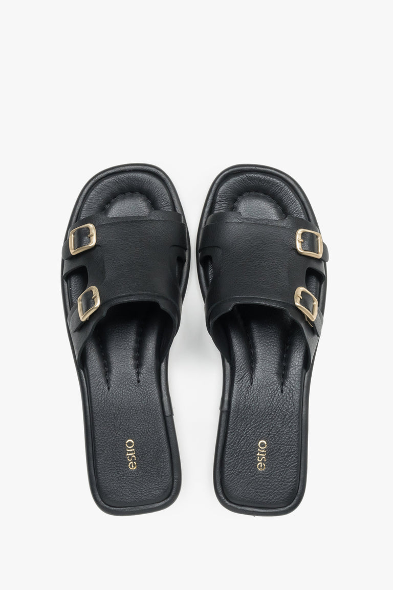 Women’s Black Leather Flat Slide Sandals with Gold Buckles Estro ER00119556.