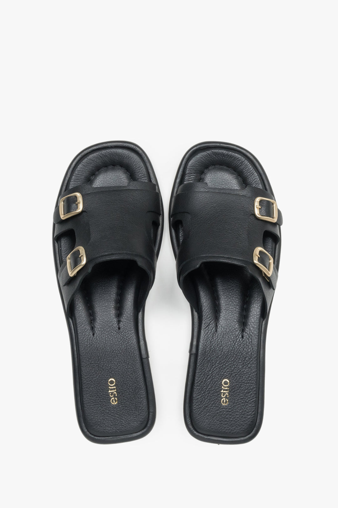 Women’s Black Leather Flat Slide Sandals with Gold Buckles Estro ER00119556.