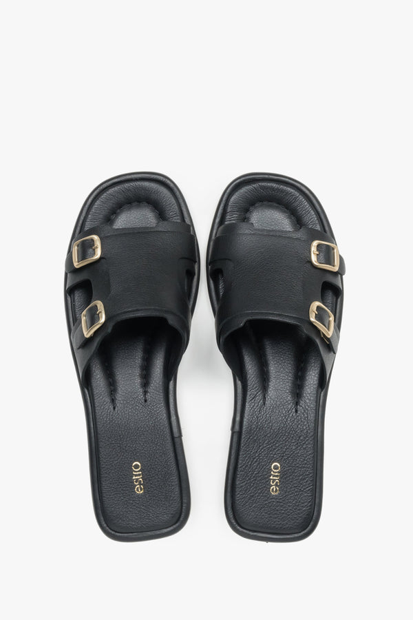 Women’s Black Leather Flat Slide Sandals with Gold Buckles Estro ER00119556.