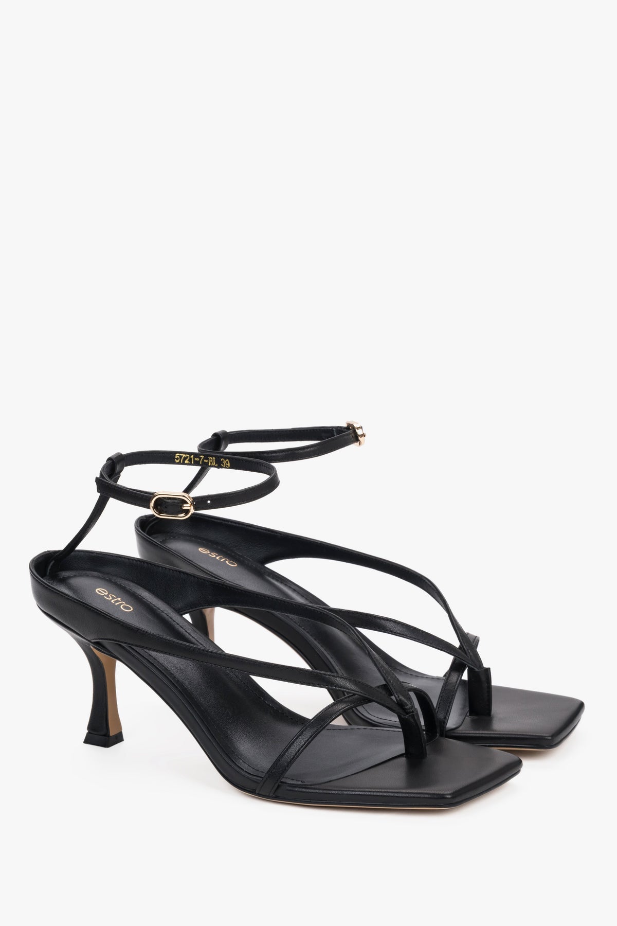 Women’s black heeled sandals with a 7.5 cm sculpted heel – 100% genuine leather by Estro.