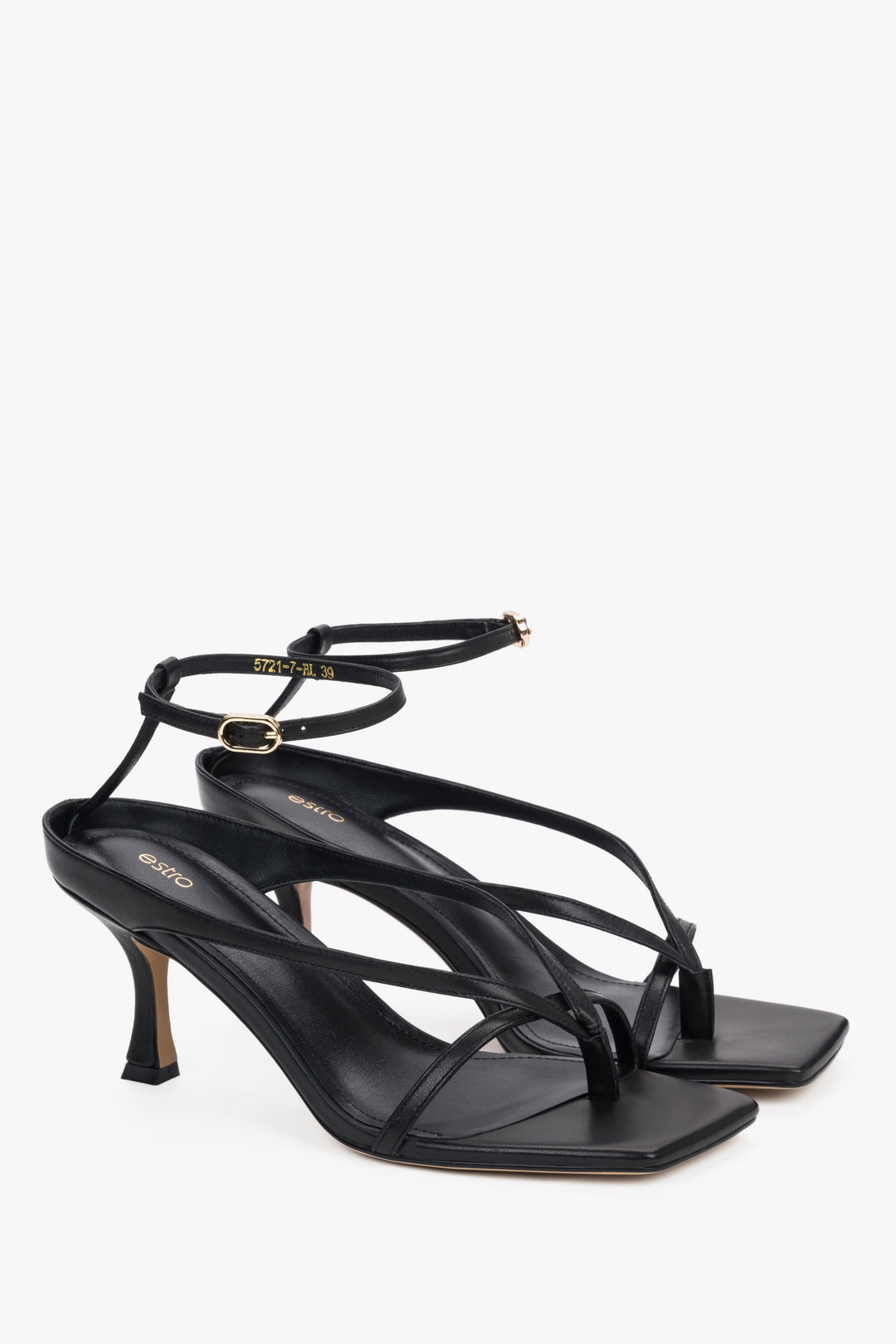 Women’s black heeled sandals with a 7.5 cm sculpted heel – 100% genuine leather by Estro.