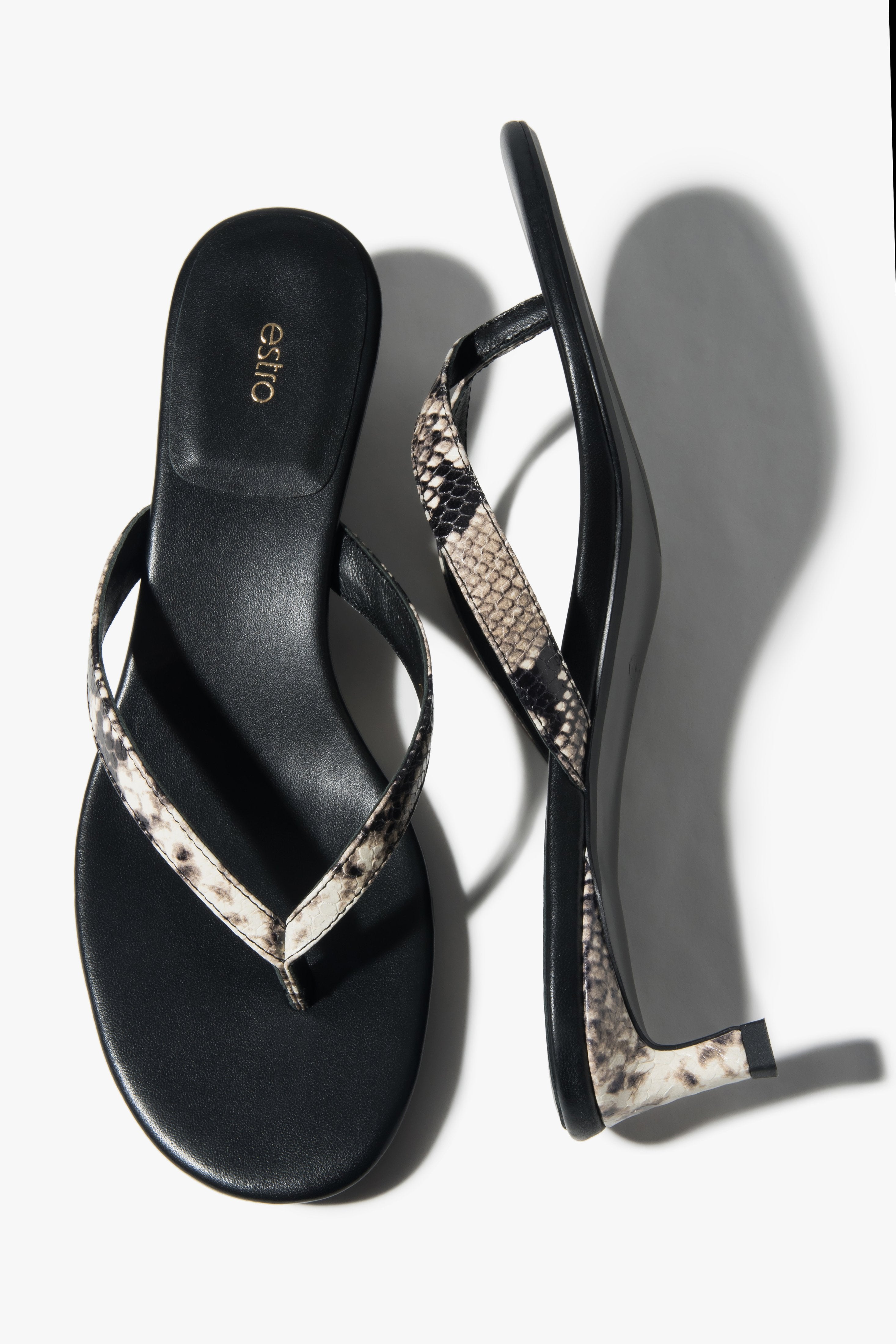 Women’s Black Leather Flip-Flops with Animal Print on a Low Heel Estro ER00117879
