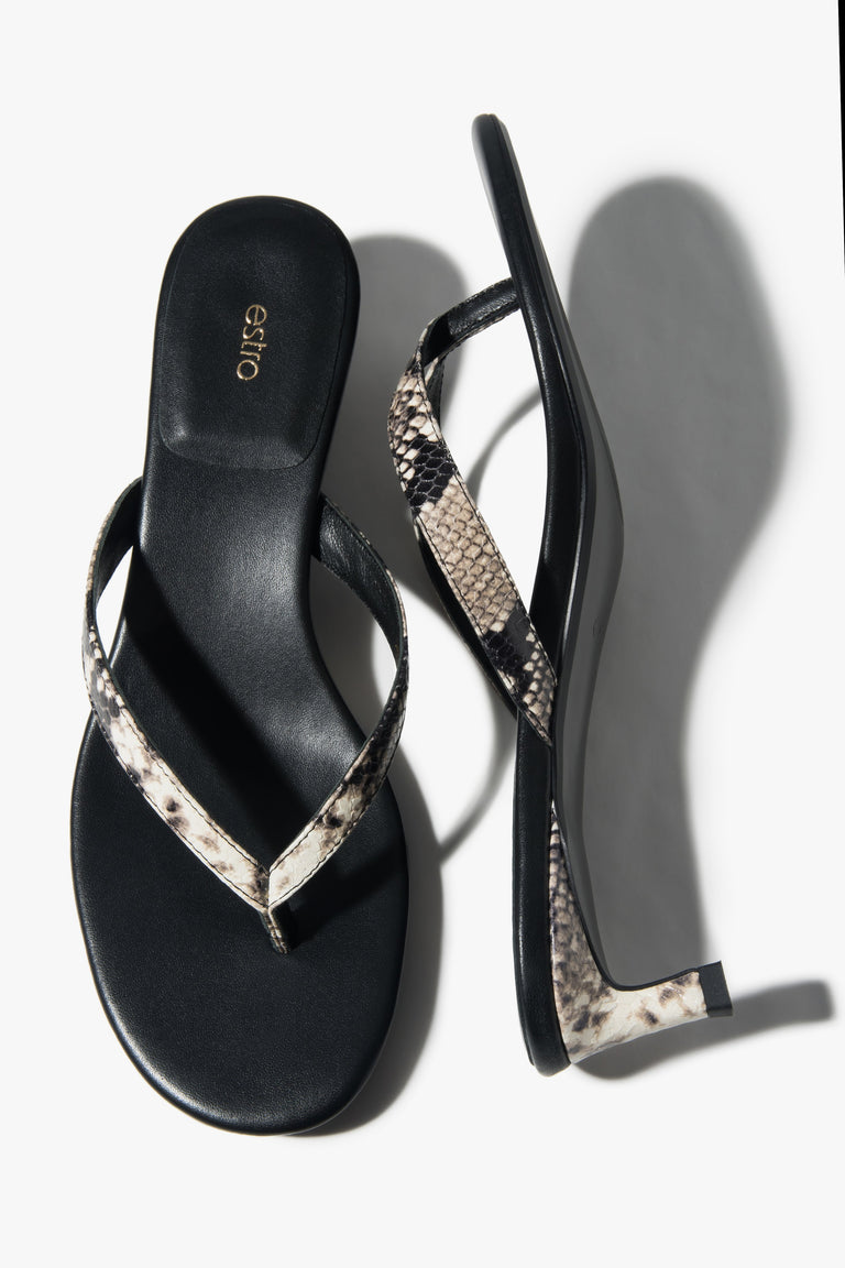 Women’s Black Leather Flip-Flops with Animal Print on a Low Heel Estro ER00117879