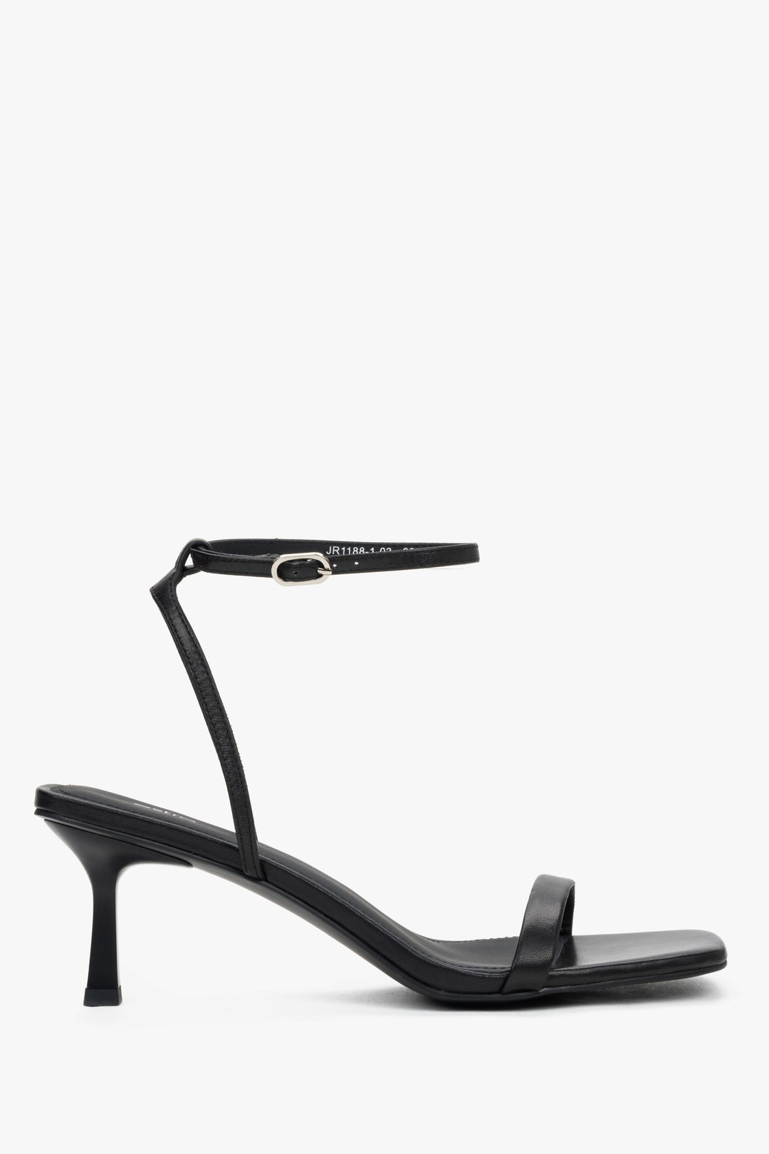 Women's black leather funnel heel sandals by Estro with silver details.