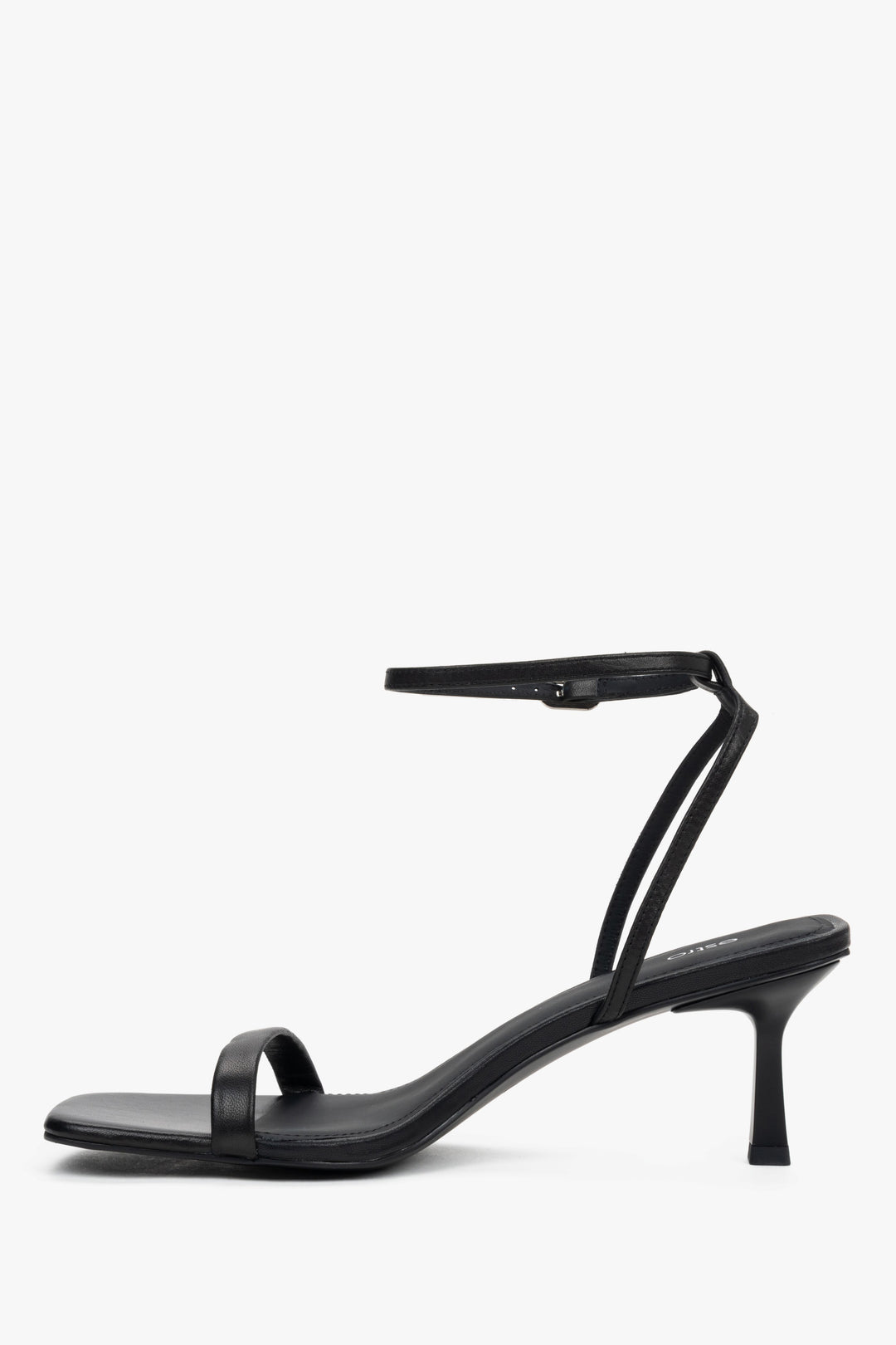 Women's black leather sandals with square toe and buckle fastening.