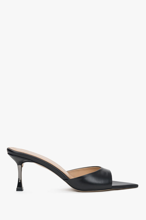 Side view of women's black leather heeled mules by Estro