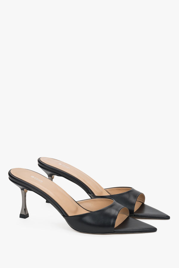 Women's black leather mules with pointed open toe and slim heel