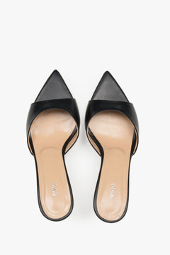 Top view of women's black leather heeled mules with pointed toe
