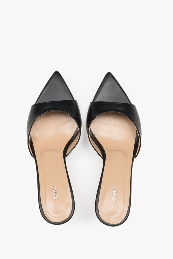 Top view of women's black leather heeled mules with pointed toe