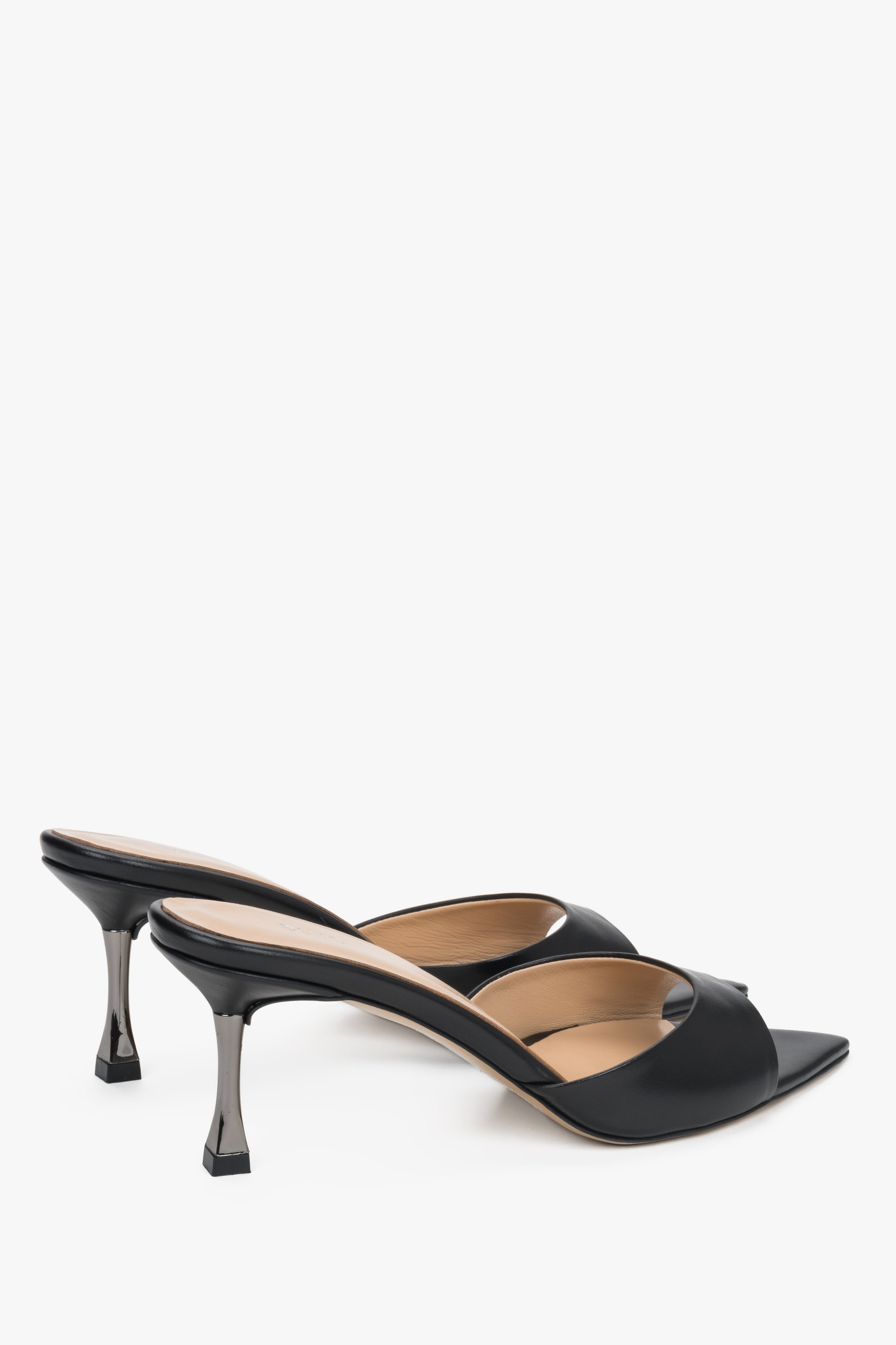 Pair of women's black leather pointed heeled mules by Estro
