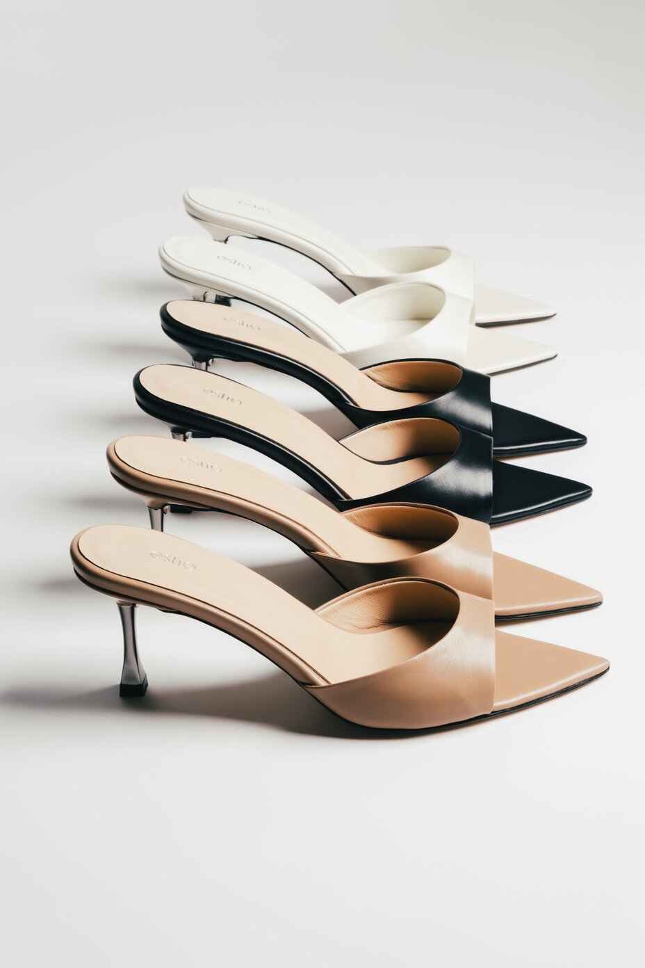 Colour comparison image of women's pointed heeled mules by Estro