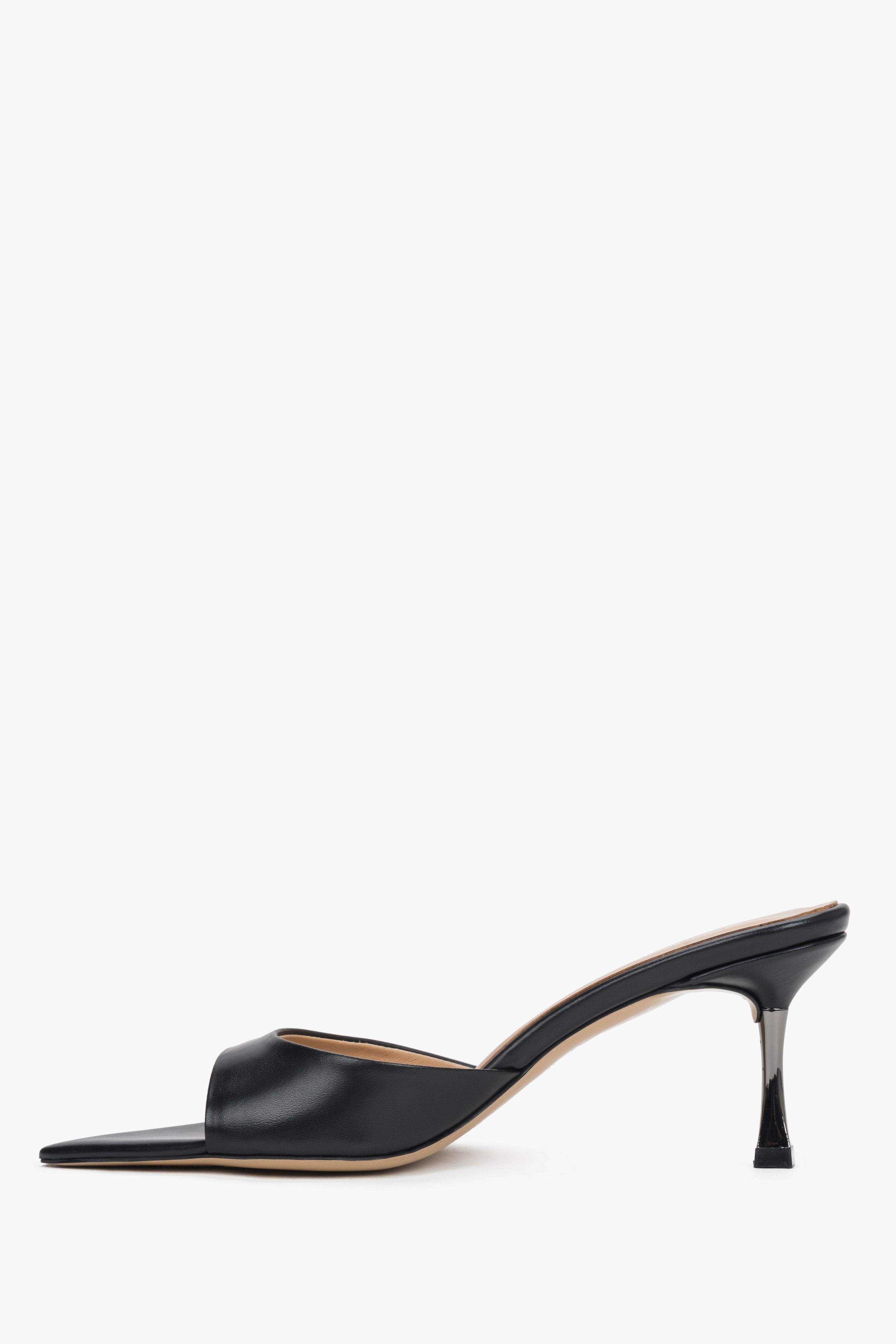 Low side view of women's black leather heeled mules by Estro