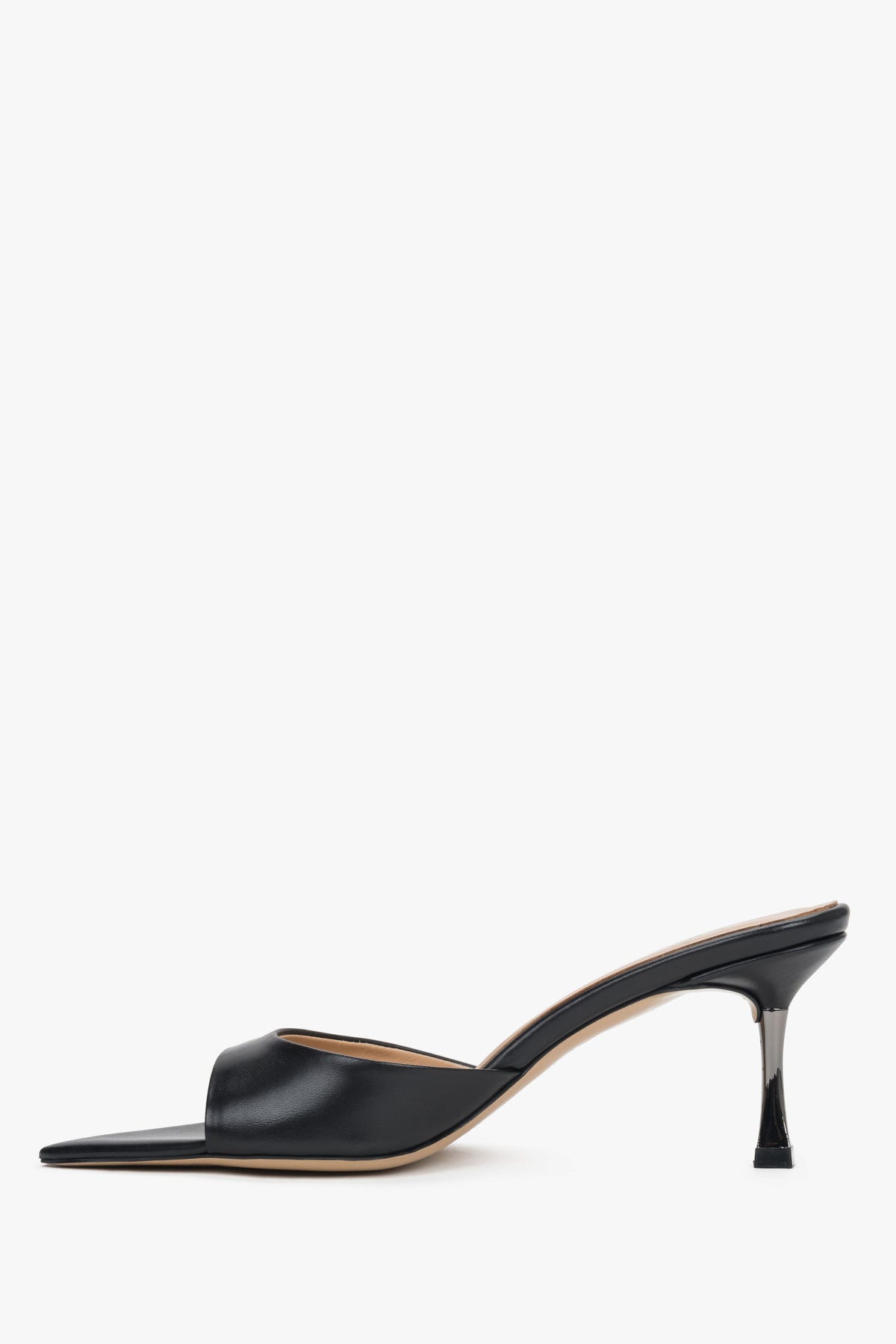 Low side view of women's black leather heeled mules by Estro