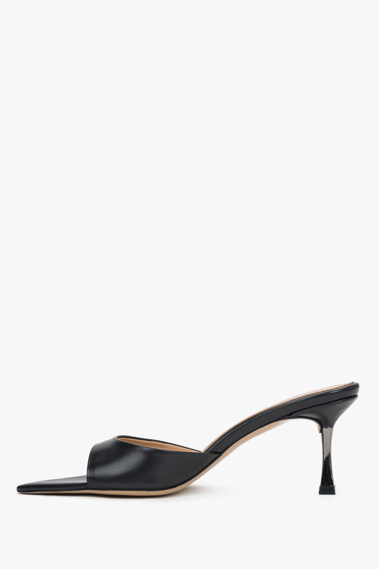 Low side view of women's black leather heeled mules by Estro