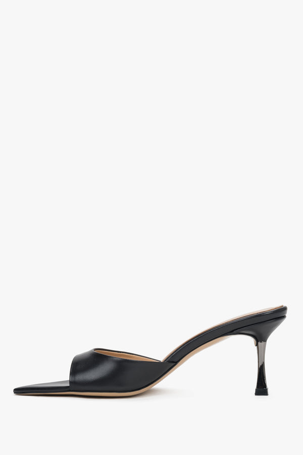 Low side view of women's black leather heeled mules by Estro