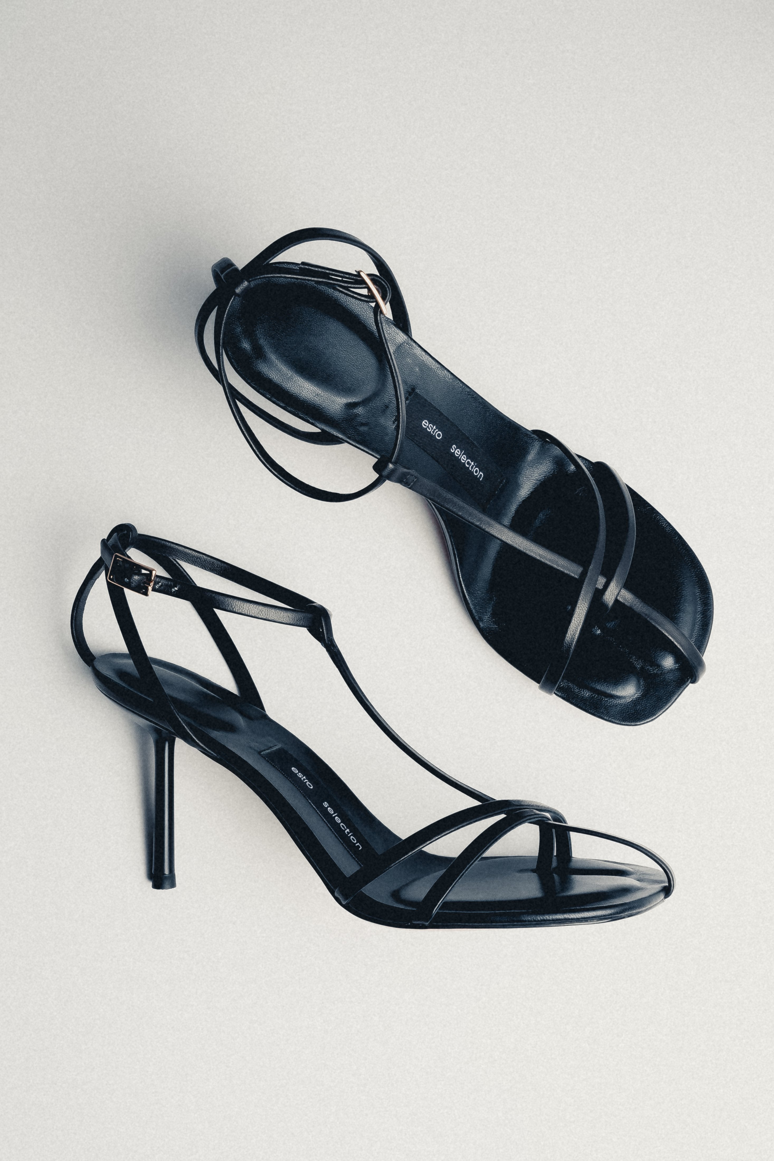 Women's black leather high heel sandals with thin straps by Estro Selection