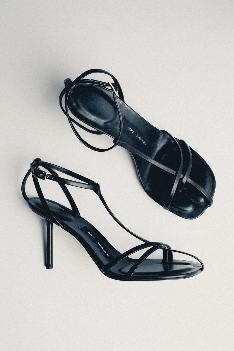 Women's black leather high heel sandals with thin straps by Estro Selection
