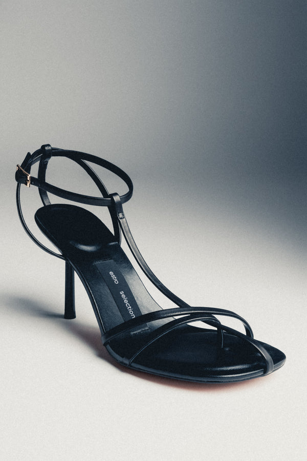 Women's black leather sandals with 9 cm stiletto heel by Estro Selection