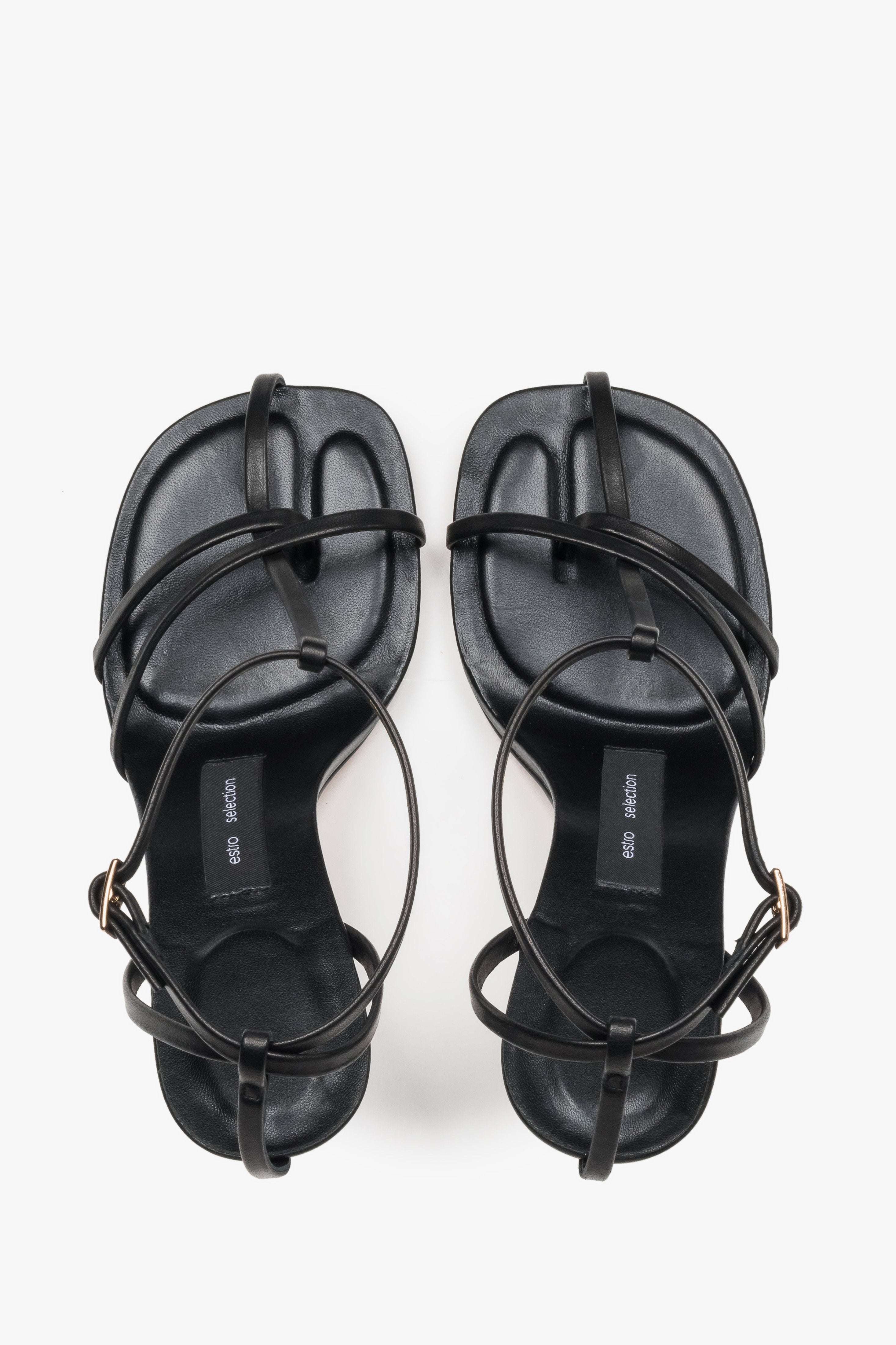 Top view of women's black leather high heel sandals by Estro Selection