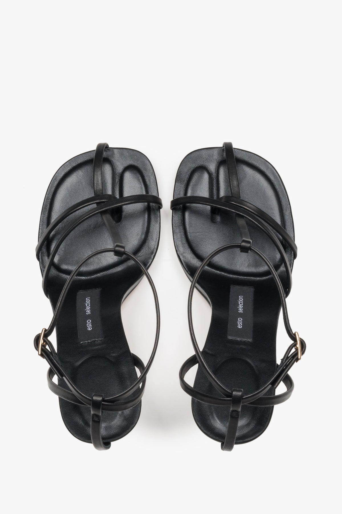 Top view of women's black leather high heel sandals by Estro Selection