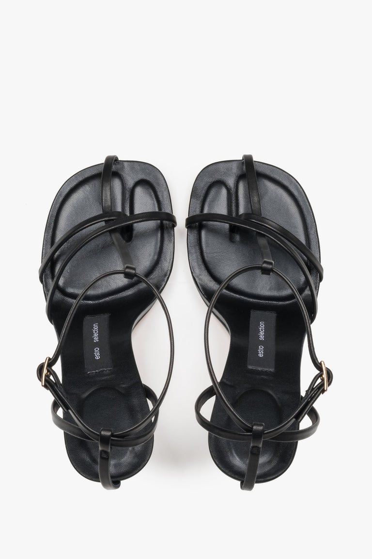 Top view of women's black leather high heel sandals by Estro Selection