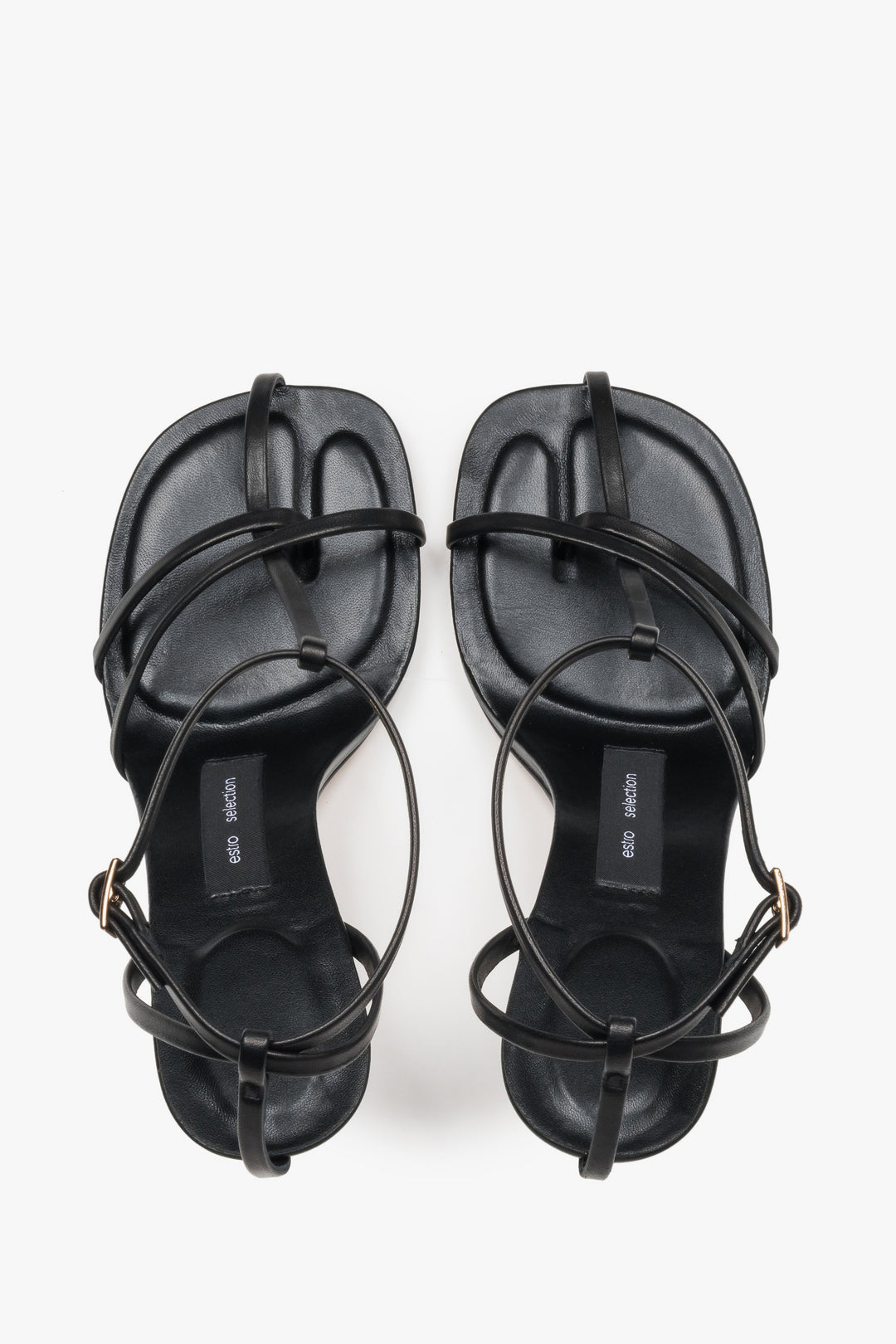 Top view of women's black leather high heel sandals by Estro Selection