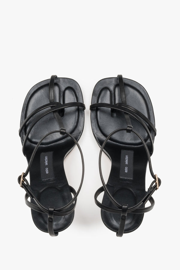 Top view of women's black leather high heel sandals by Estro Selection