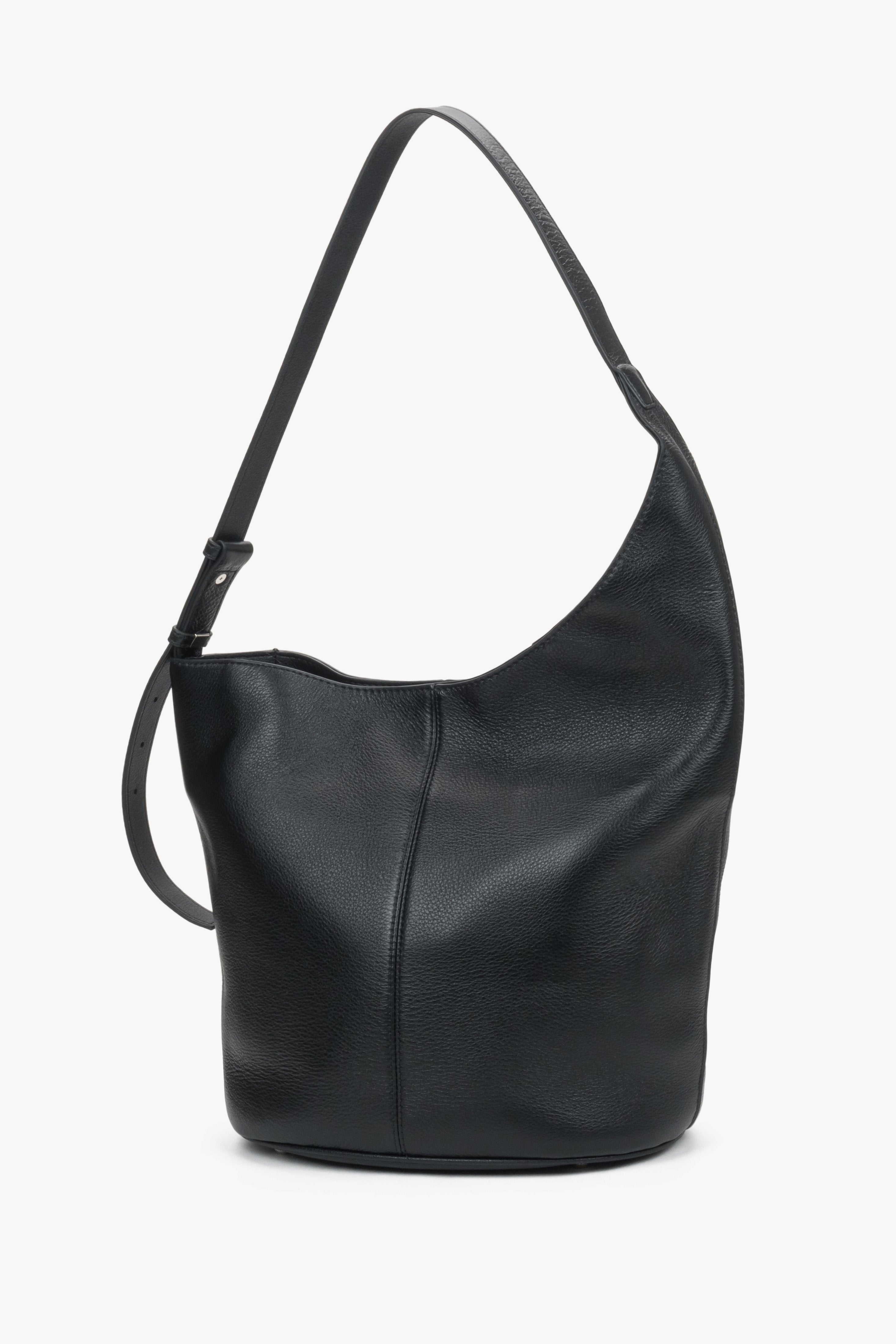 Front view of women's black leather hobo shopper bag by Estro