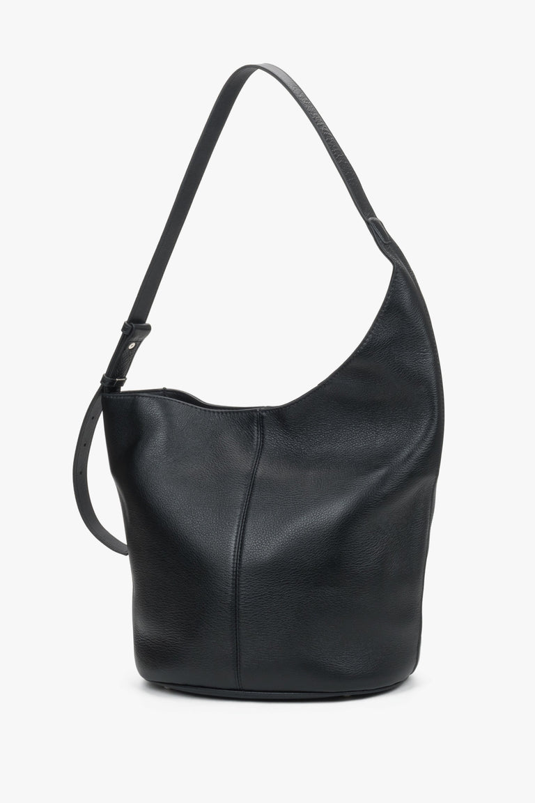 Front view of women's black leather hobo shopper bag by Estro