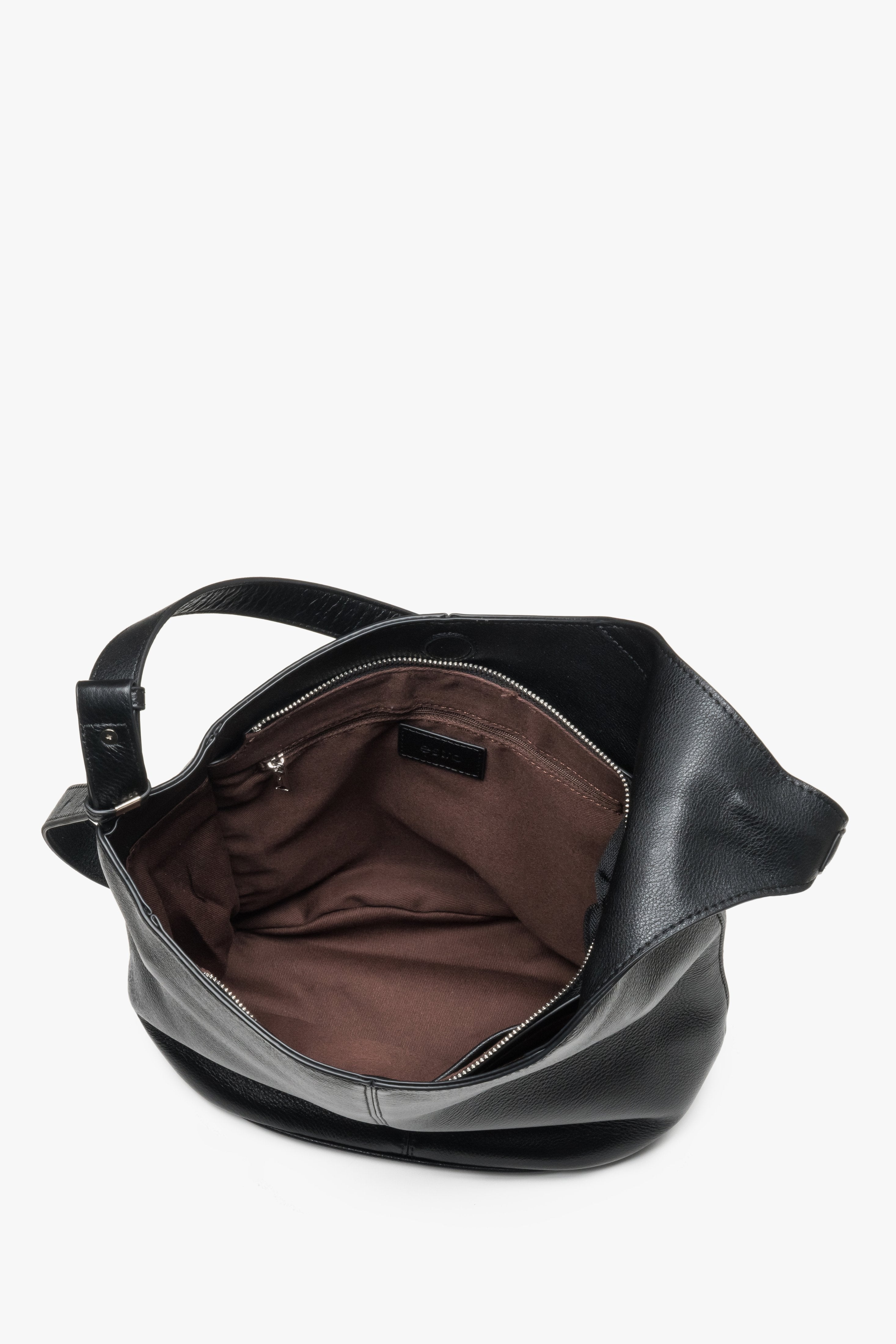 Interior view of women's black leather hobo shopper bag by Estro