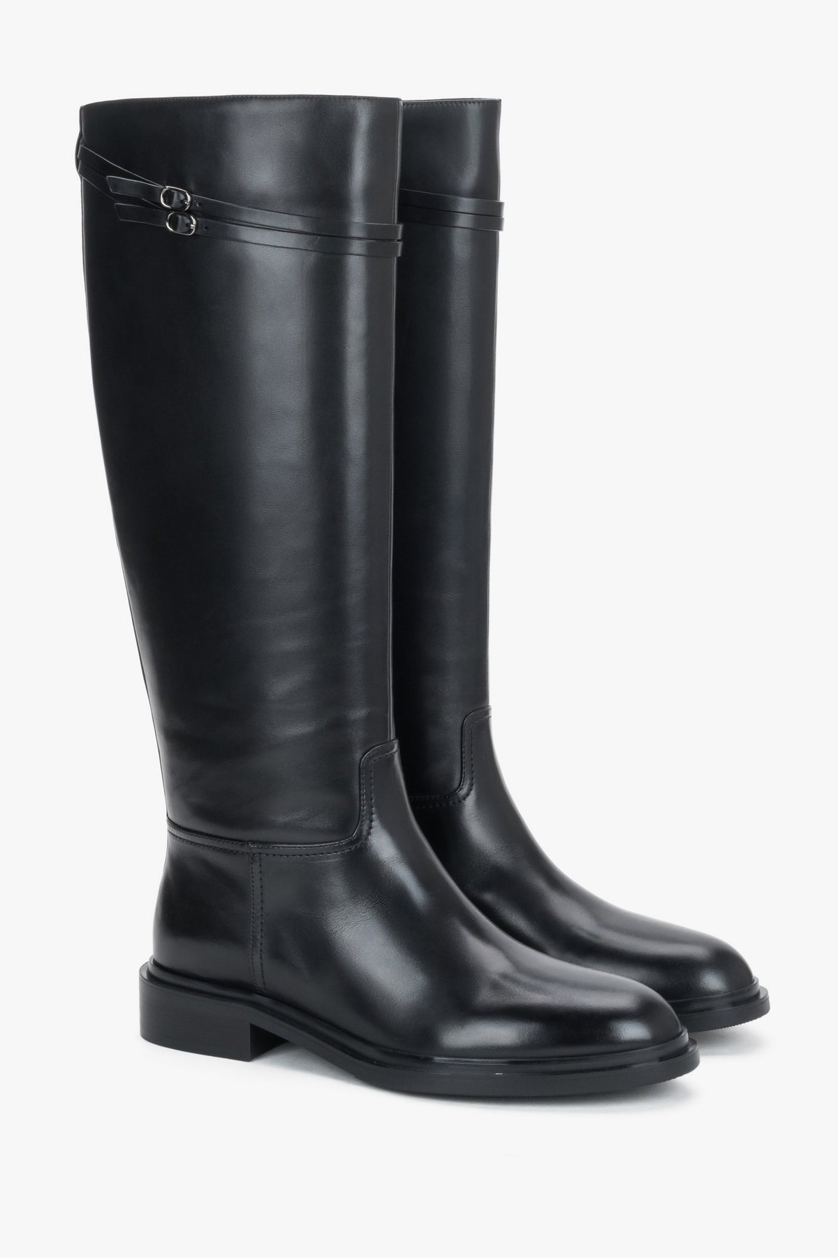 Women's Black Leather Knee-High Riding Boots with Buckle Estro ER00120769.