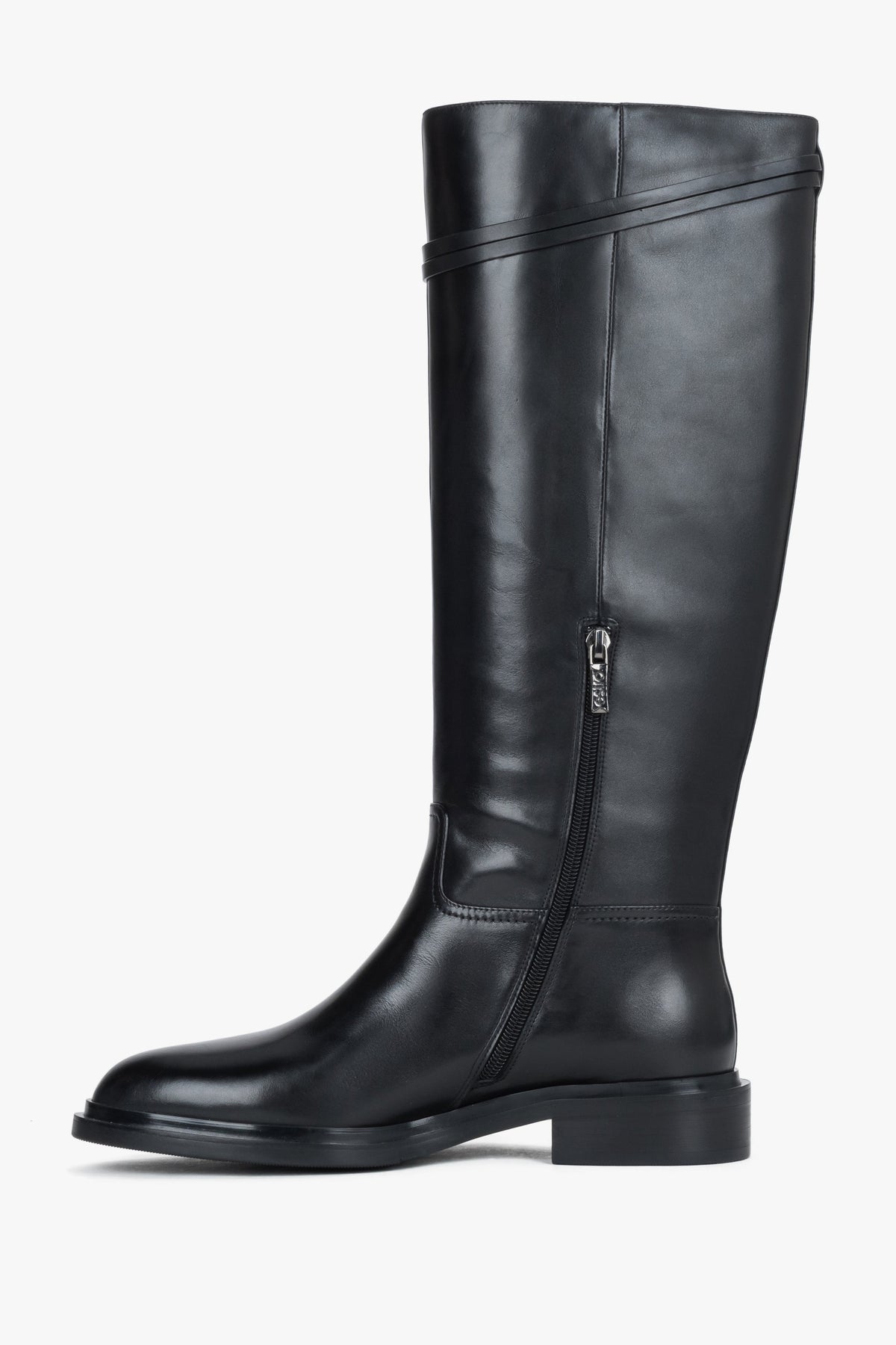 Women's black genuine leather knee-high riding boots with buckle Estro.