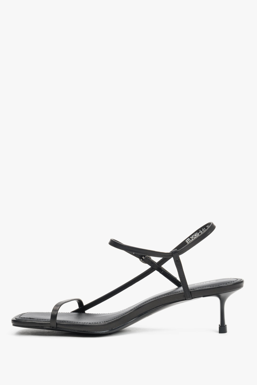 Women’s black leather low-heel sandals made of thin straps by Estro – side view.