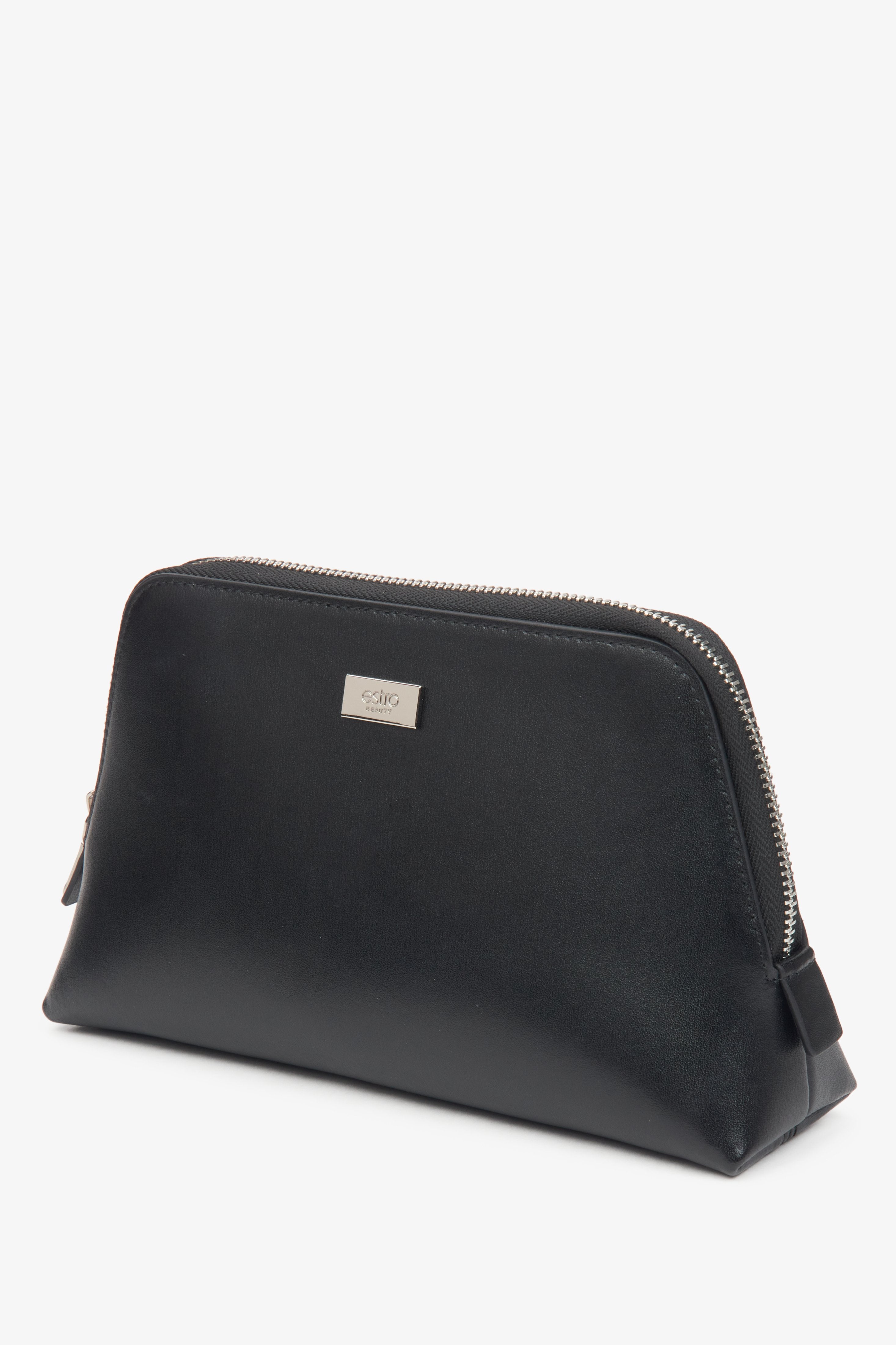 Black leather makeup bag for women, designed by Estro.