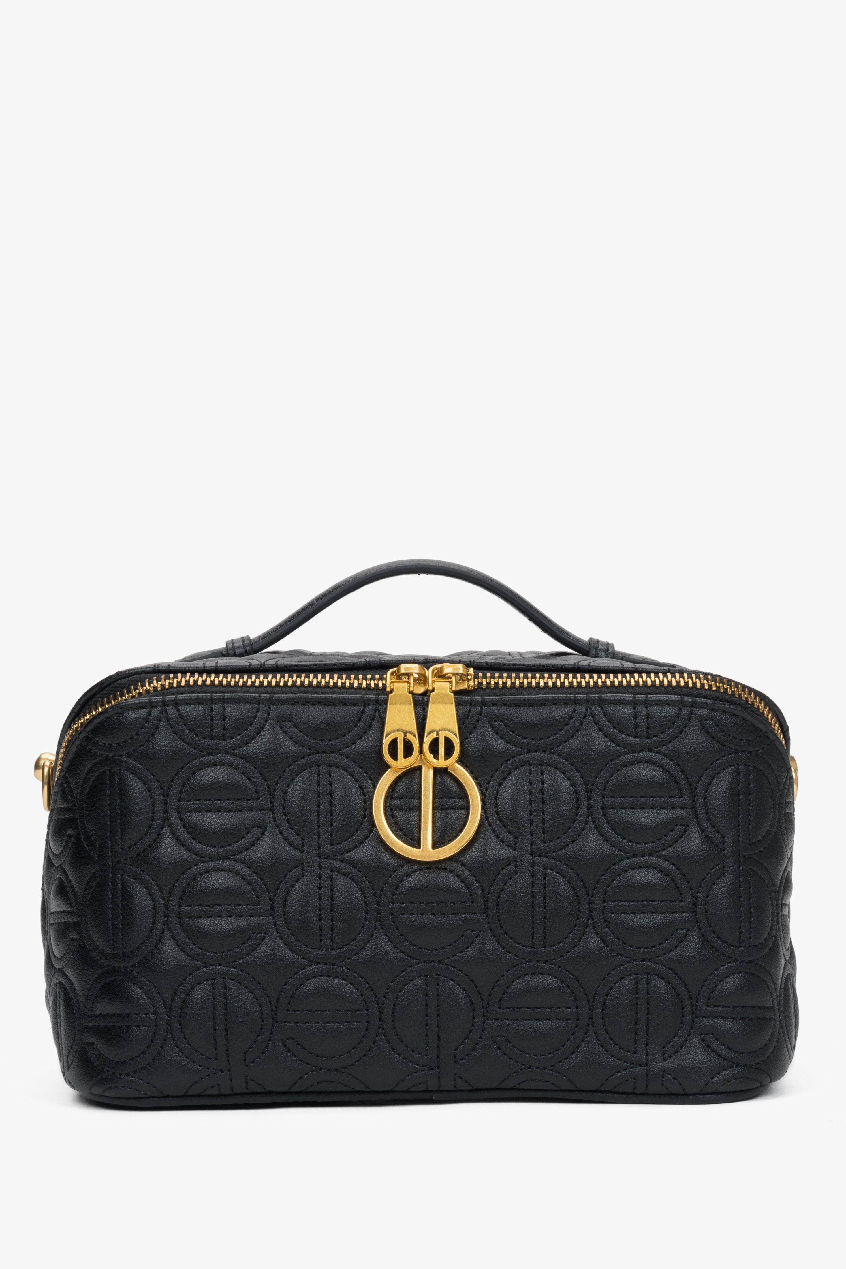 Women's black leather makeup bag with gold details and embossed brand logo by Estro.