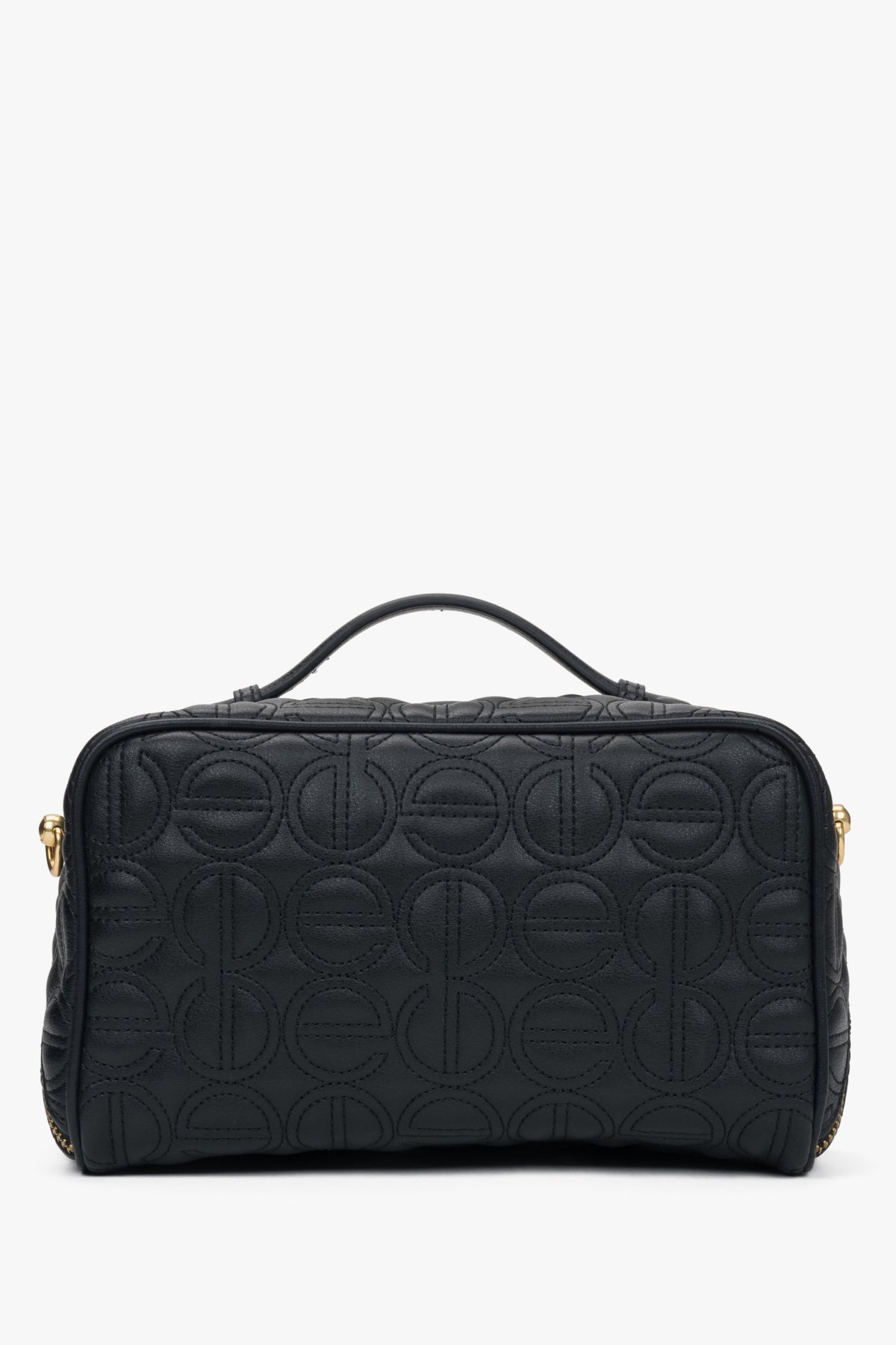 Estro women's black leather makeup bag featuring gold accents and embossed logo - reverse.