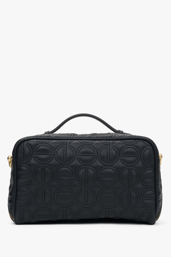 Estro women's black leather makeup bag featuring gold accents and embossed logo - reverse.