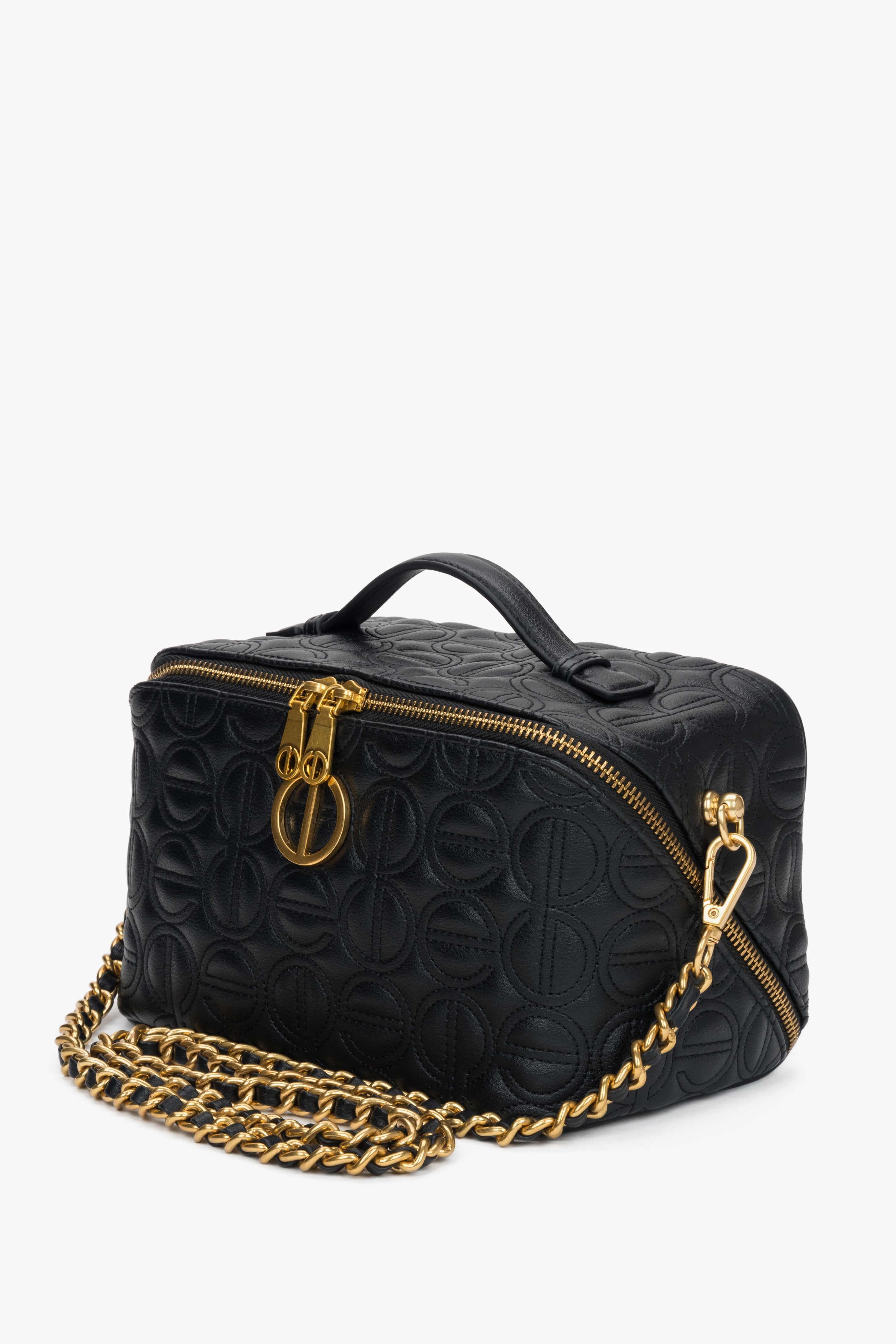 Black leather makeup bag for women with gold details and embossed brand logo by Estro.