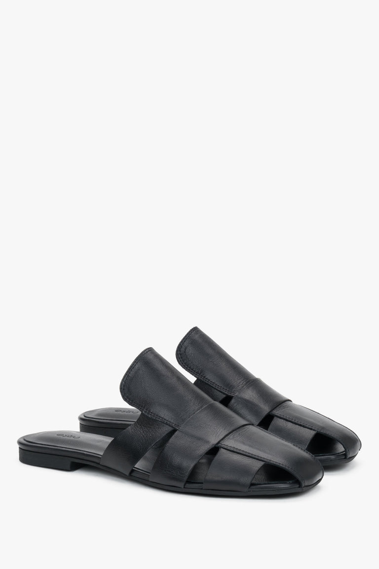 Black leather Estro mule sandals, featuring a unique openwork construction made of wide, interlaced straps.